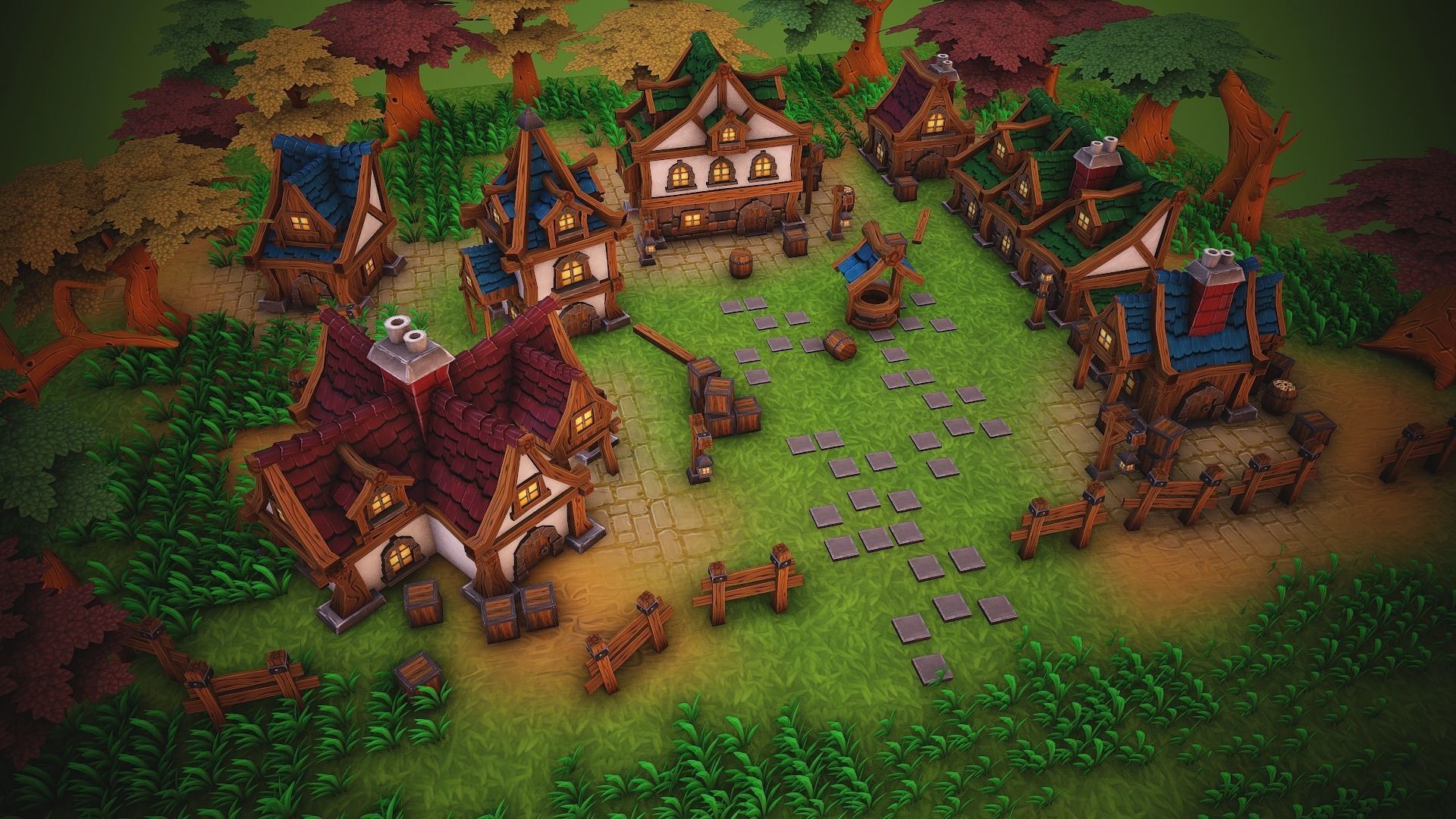 Fantasy modular house pack Low-poly 3D model_1