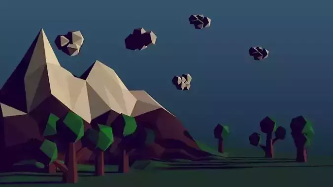 Low Poly Mountain polygonal landscape with mountains and trees