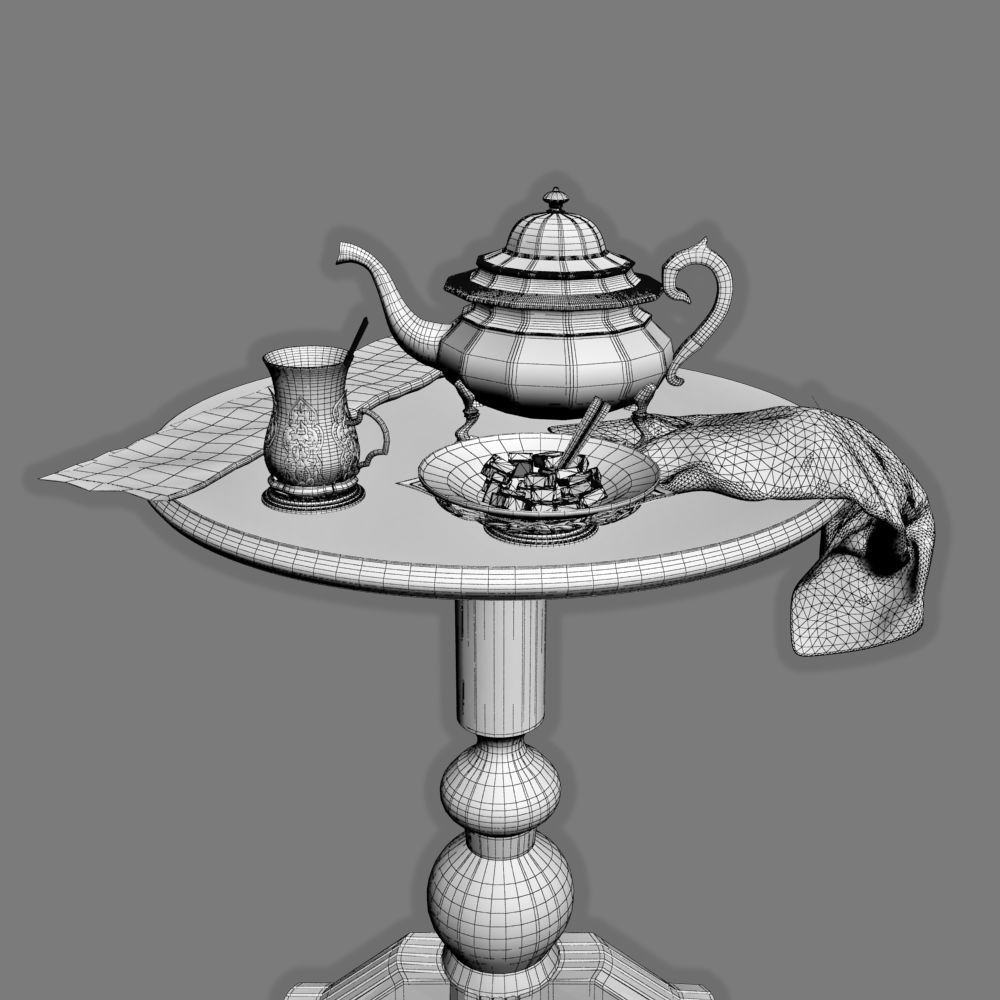 Tea little table with a teapot  a glass and a sugar bowl 3D model_3