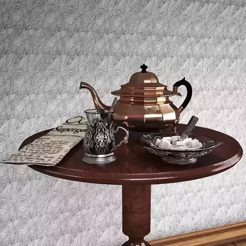 Tea little table with a teapot  a glass and a sugar bowl