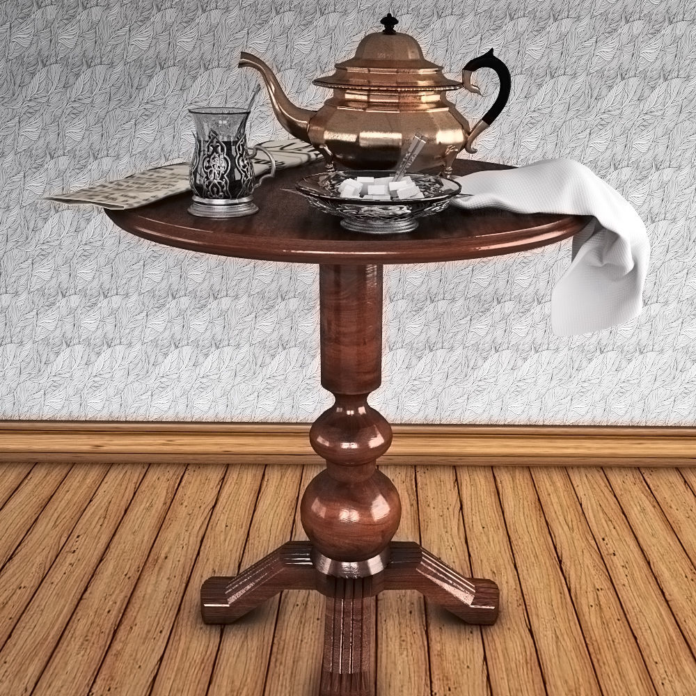 Tea little table with a teapot  a glass and a sugar bowl 3D model_1