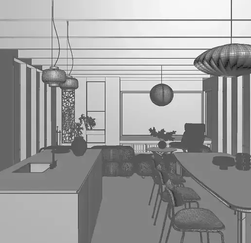 Villa living room and kitchen Low-poly 3D model 7