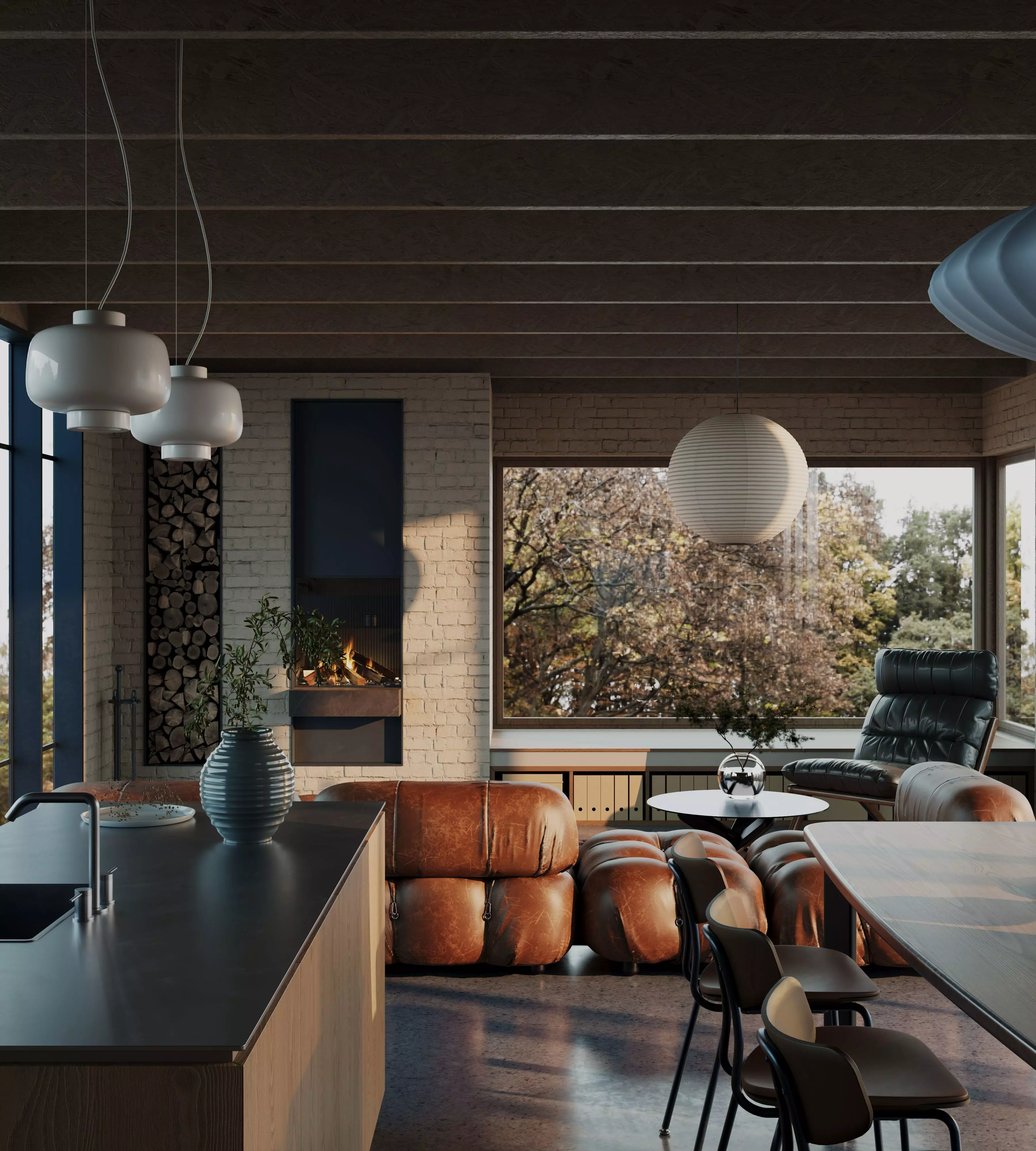 Villa living room and kitchen Low-poly 3D model