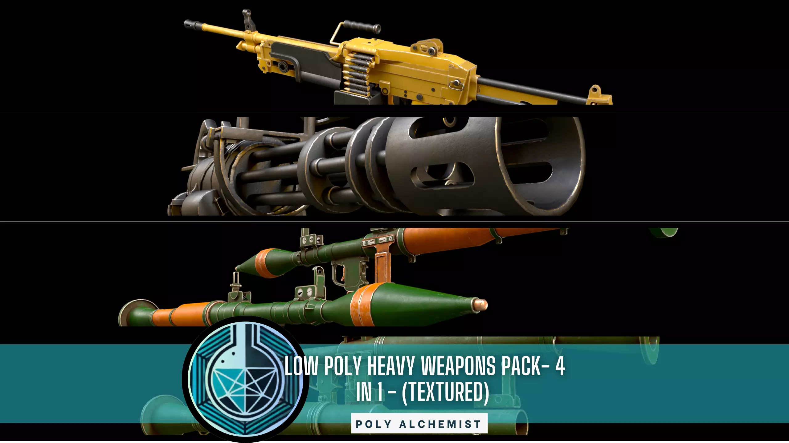 Low Poly Heavy Weapons Pack 4 In 1 - Textured Low-poly 3D model