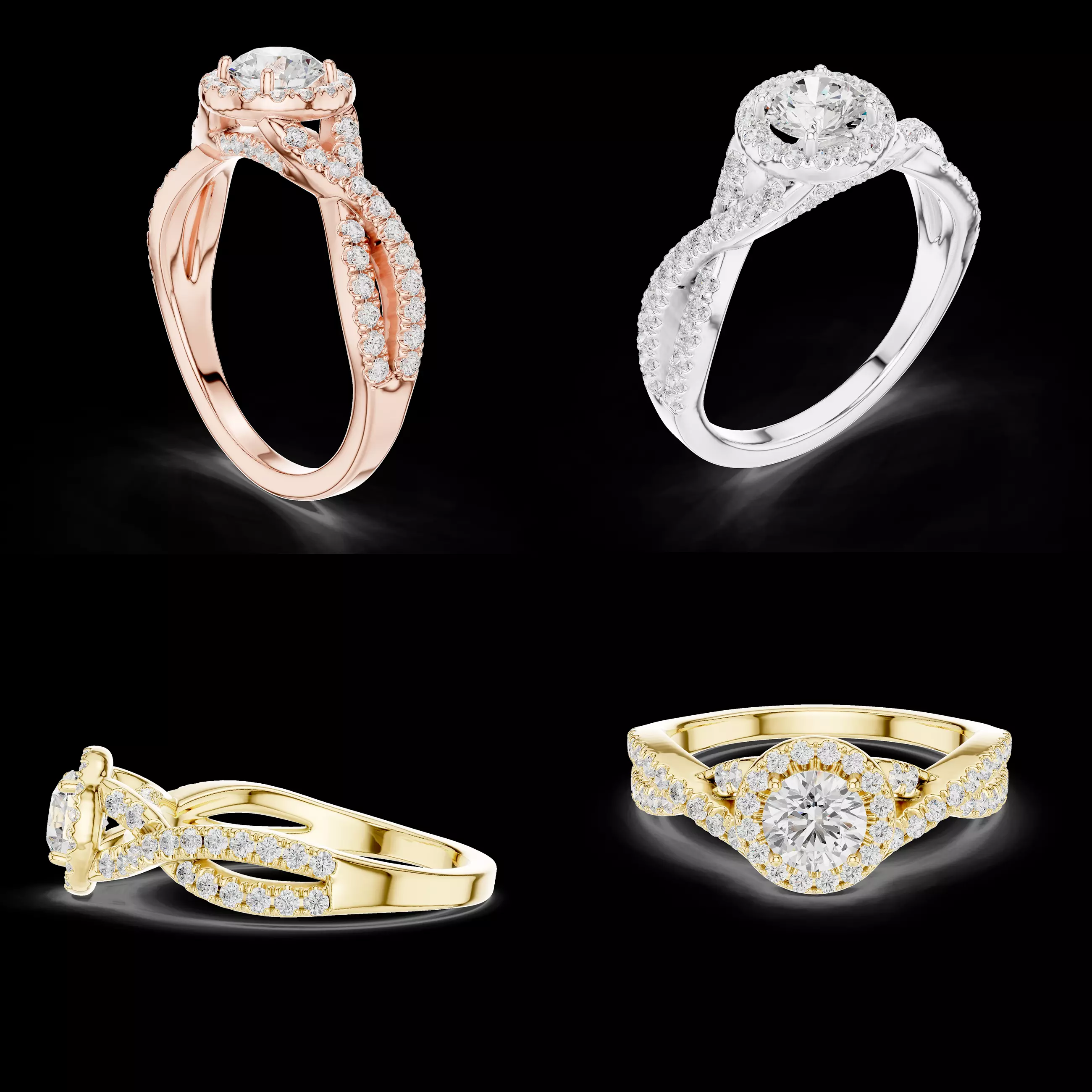 Twist Halo Engagement Ring CAD Model Pave Band STL 3DM File 3D print model
