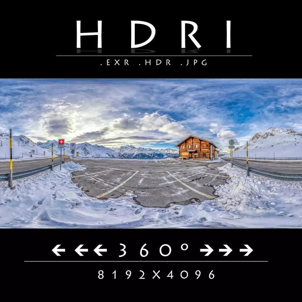 Snowy Alpine Mountain Road HDRI Panorama 8K Winter Chalet 3D model