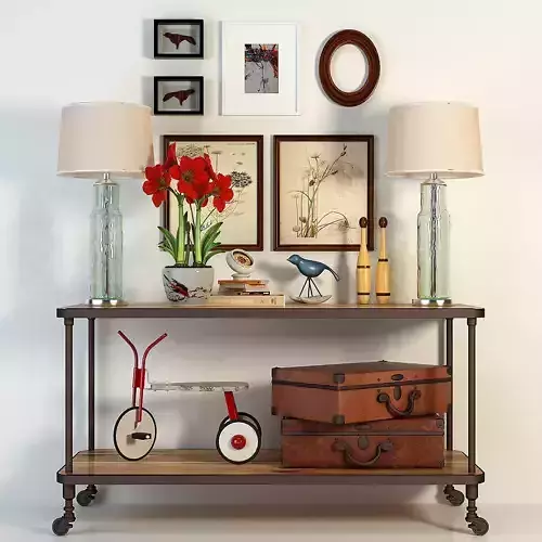console wooden shelf with two suitcases and bicycle