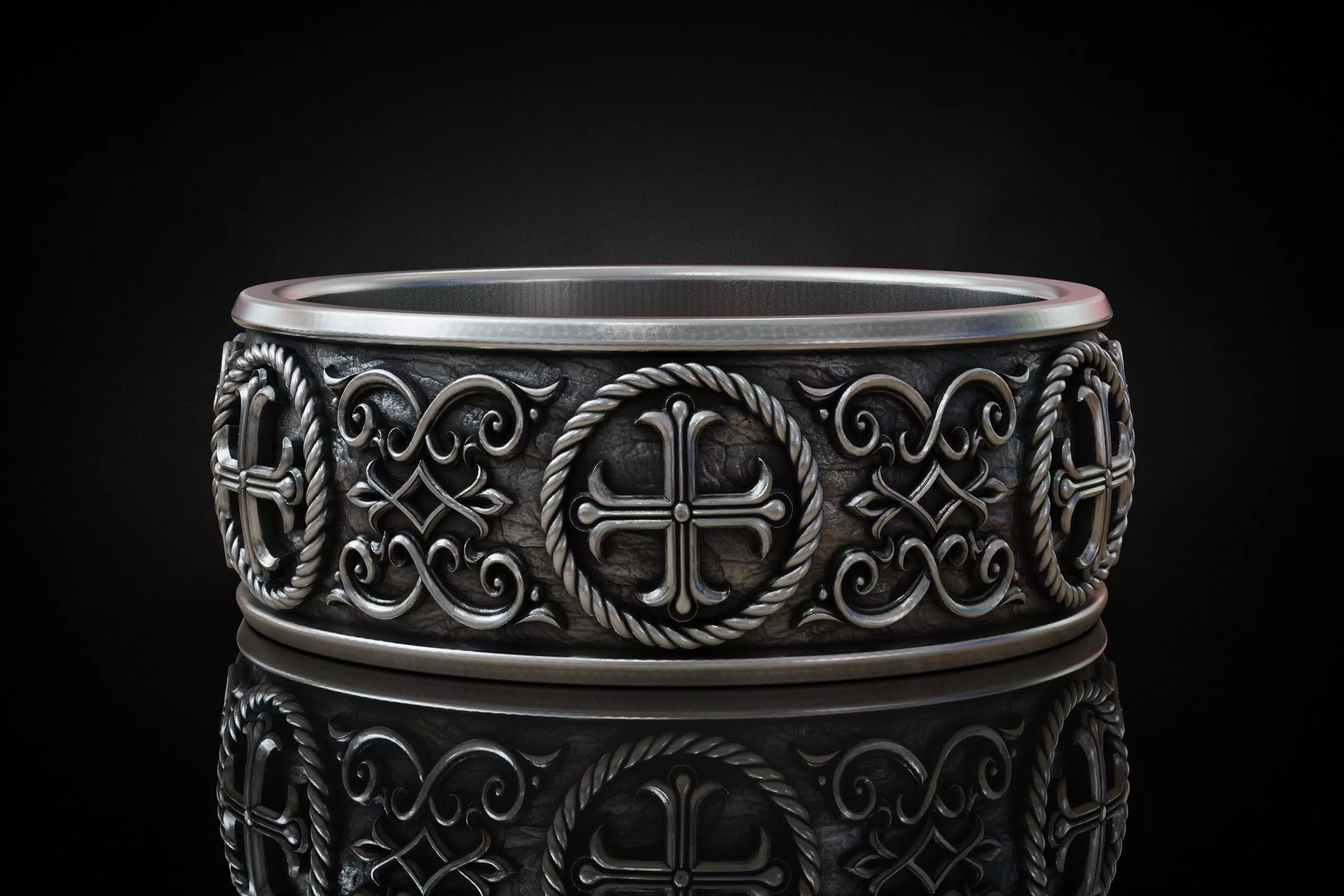 Gothic crosses ornamental motifs band ring 3D print model
