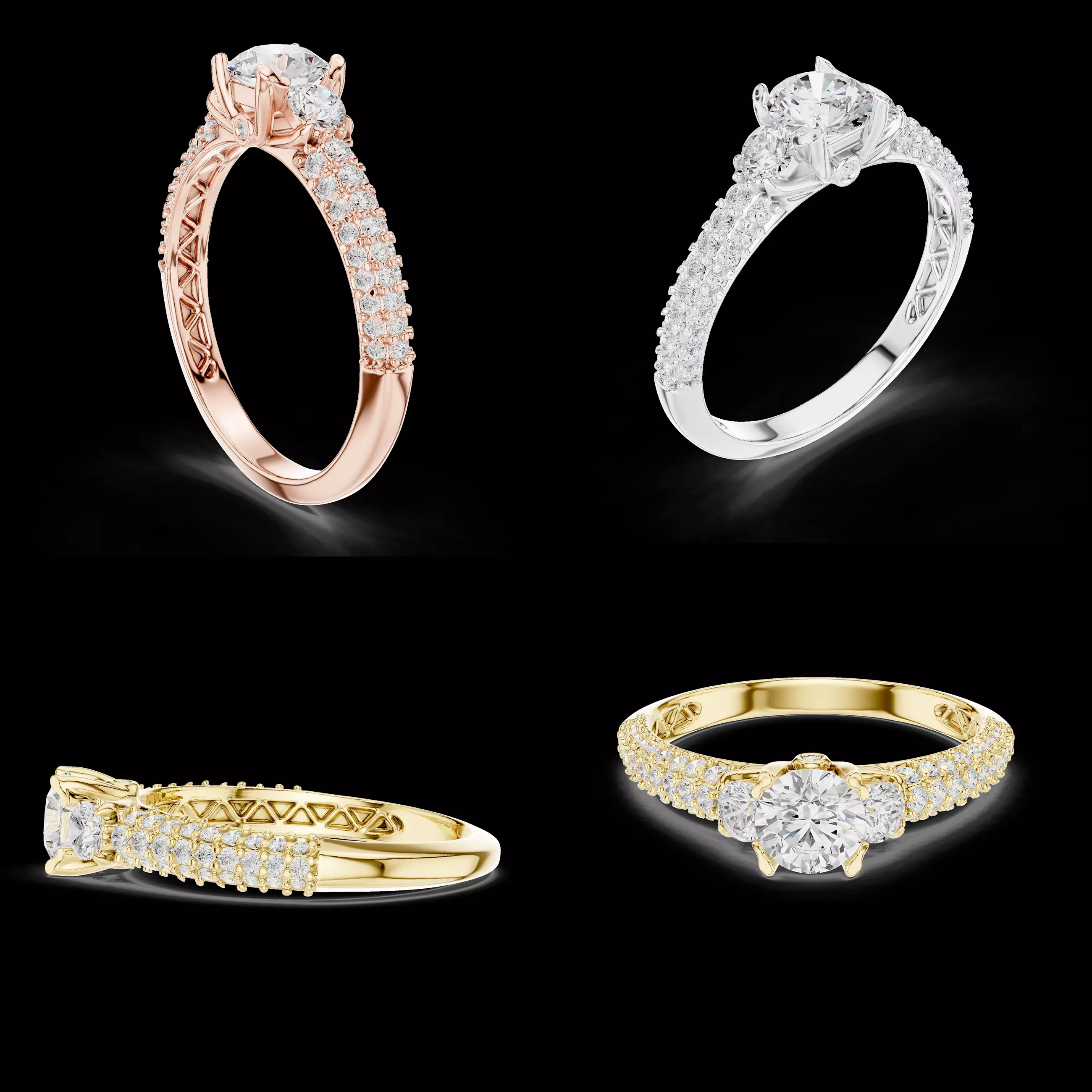 Three Stone Pave Engagement Ring CAD Model STL 3DM File 3D print model