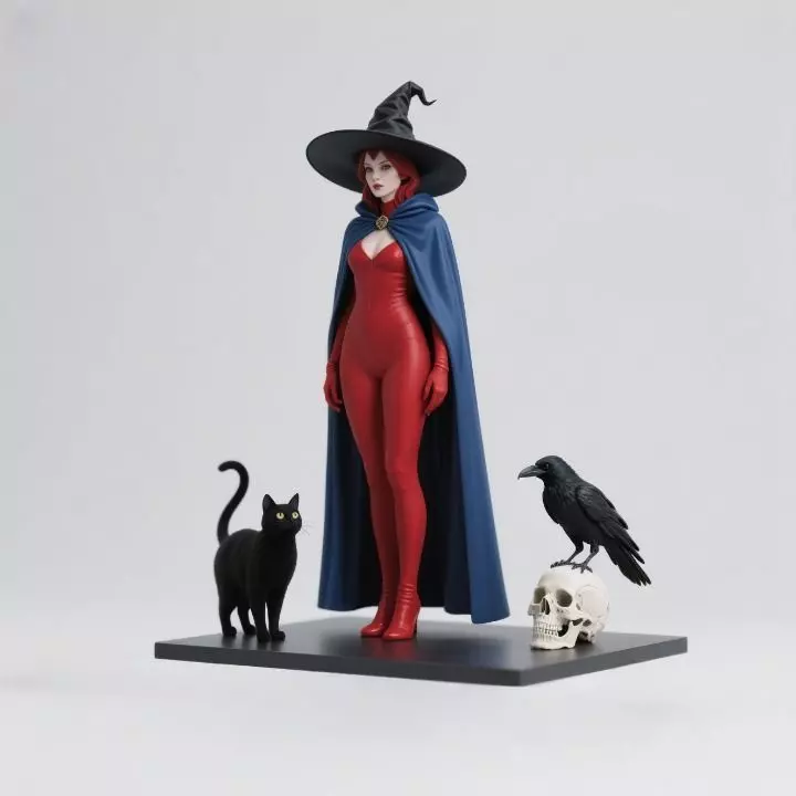 3314Red Witch with Cat Skull Raven COLOR Figurine STL 3D print model