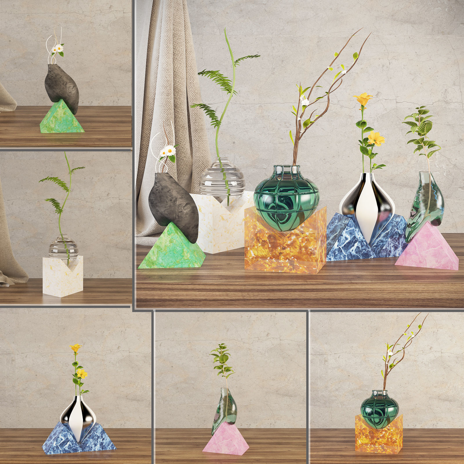 Composition set of marble vases 3D model_1