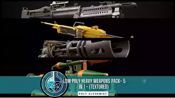 Low Poly Heavy Weapons Pack 5 In 1 - Textured Low-poly 3D model