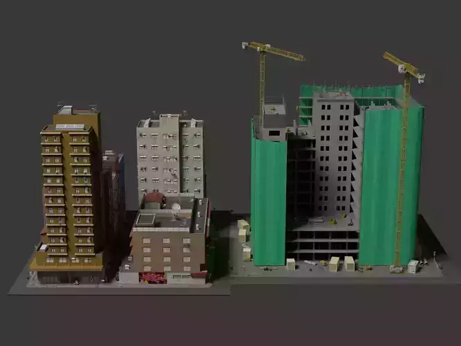 High Rise Construction Dual Tower Cranes Urban Site 3D Model Low-poly 3D model