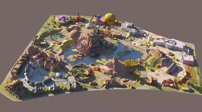 Large Outdoor Amusement Park Low-poly 3D model