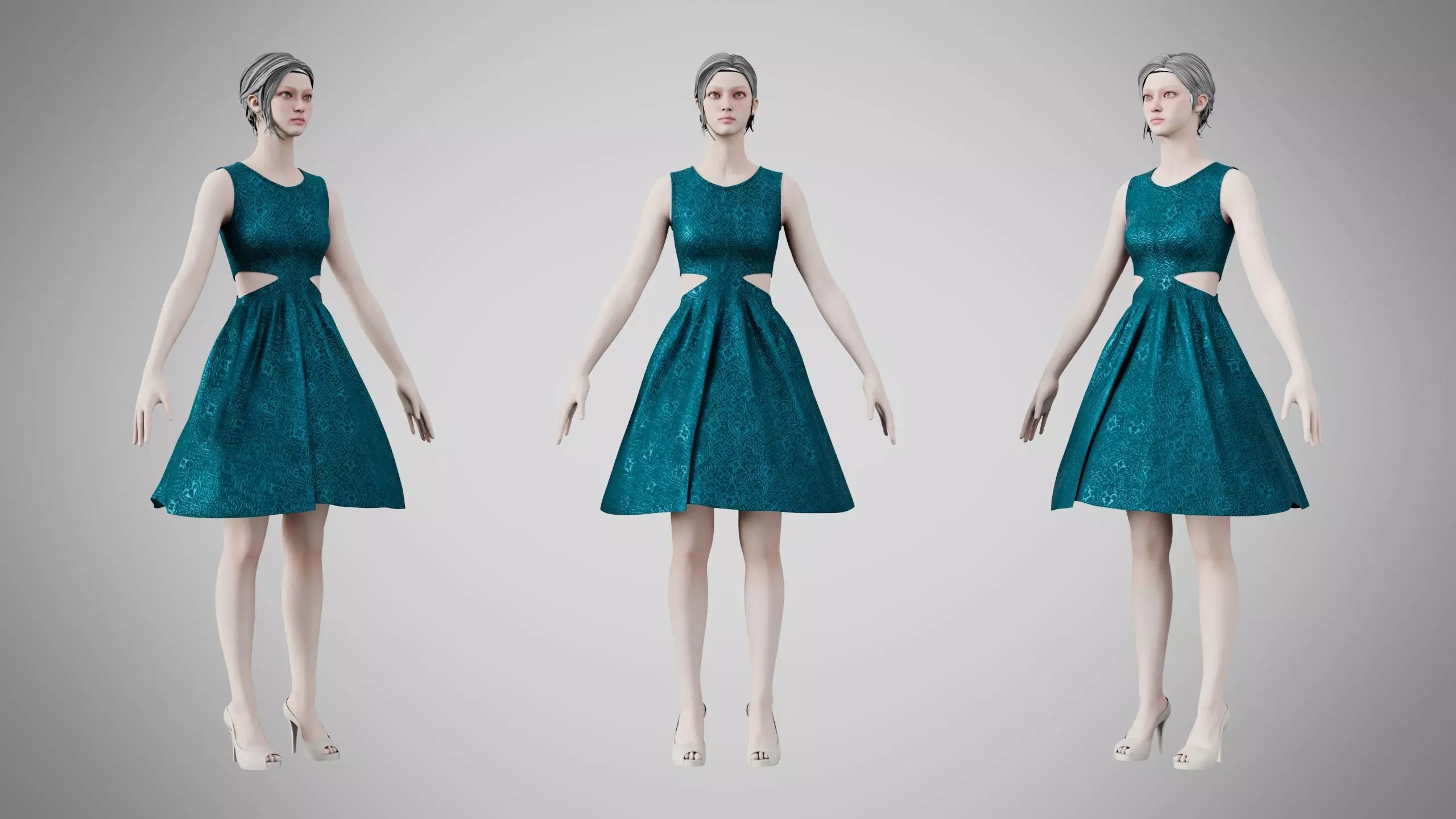 Dress 33 Teal Velvet With Design Low-poly 3D model
