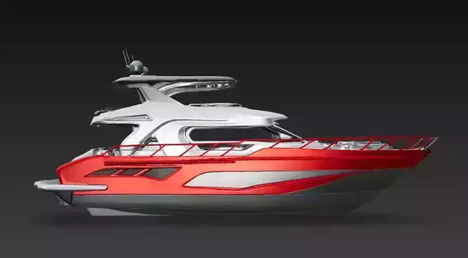 Futuristic Red Sport Yacht with Flybridge - High Detail 3D Model