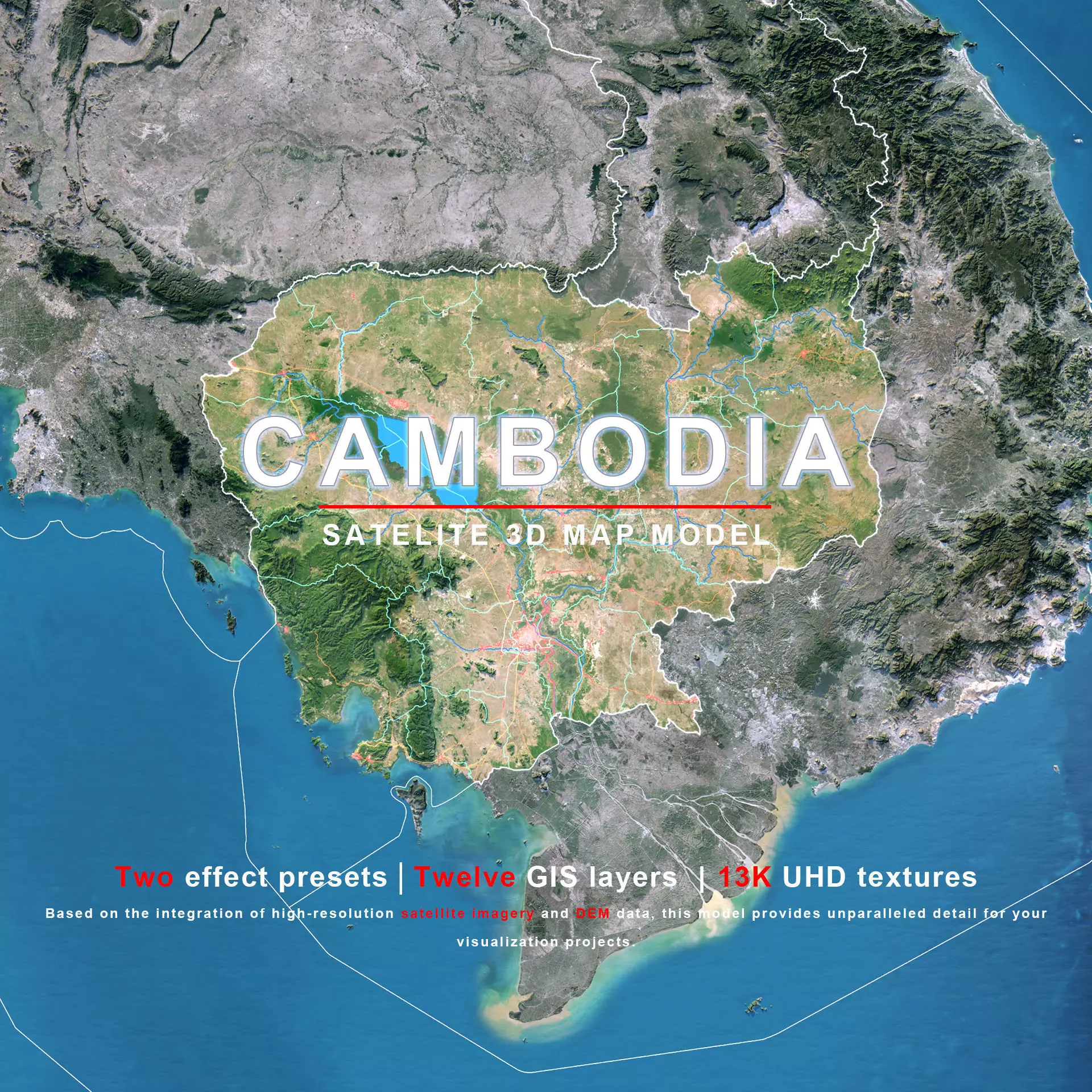Cambodia Map - 13K Realistic Satellite Terrain - Elevation 3D model