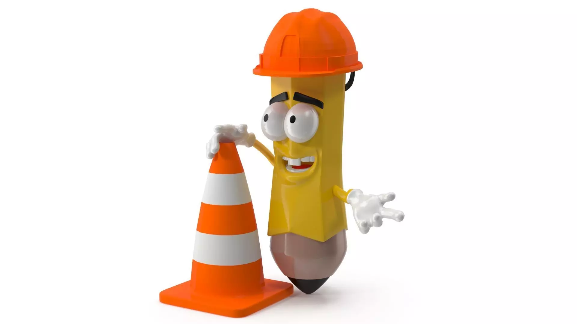 Cartoon Pencil Engineer Character with Traffic Cone Low-poly 3D model