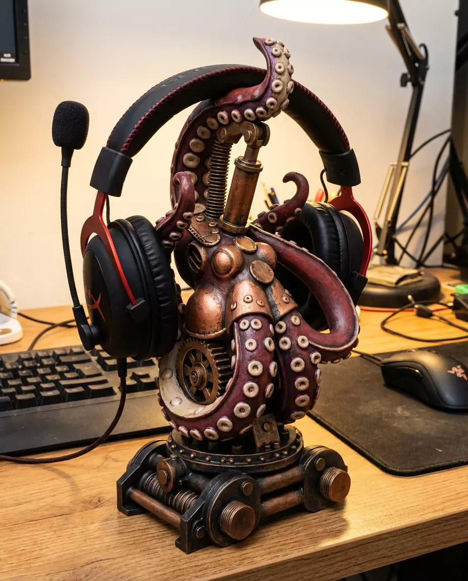 Steampunk Octopus Headphone Stand Bronze Gear Desk Setup 3D print model