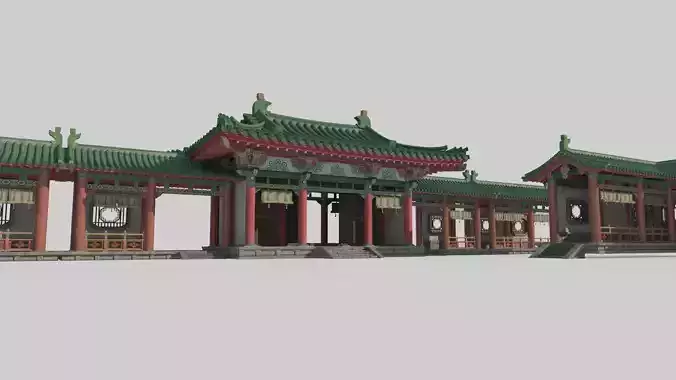 Ancient Asian architectural gatehouses and corridors 3D model