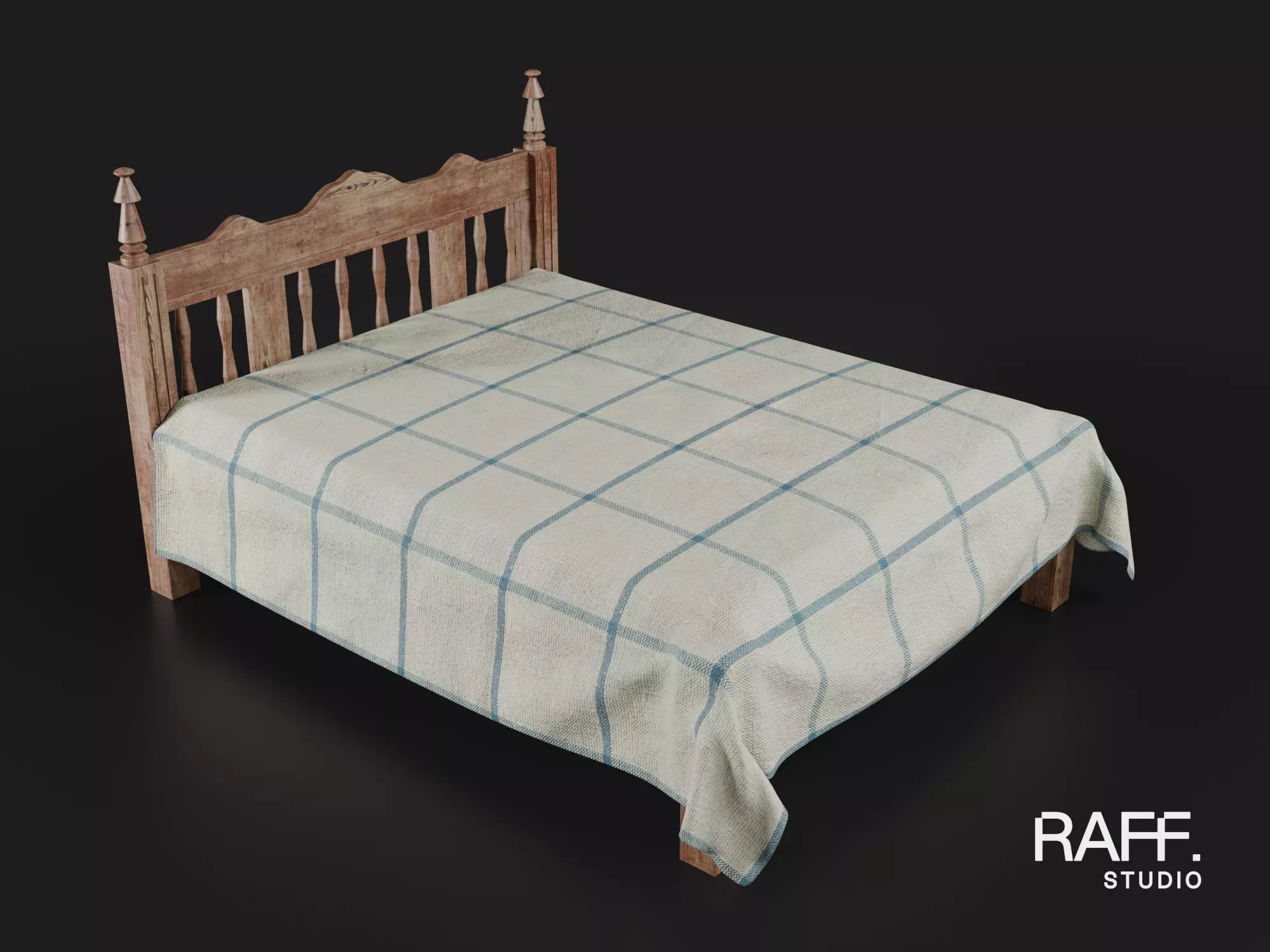 Double Bed - Rustic Wooden Bed - 8K Atlas 3D model