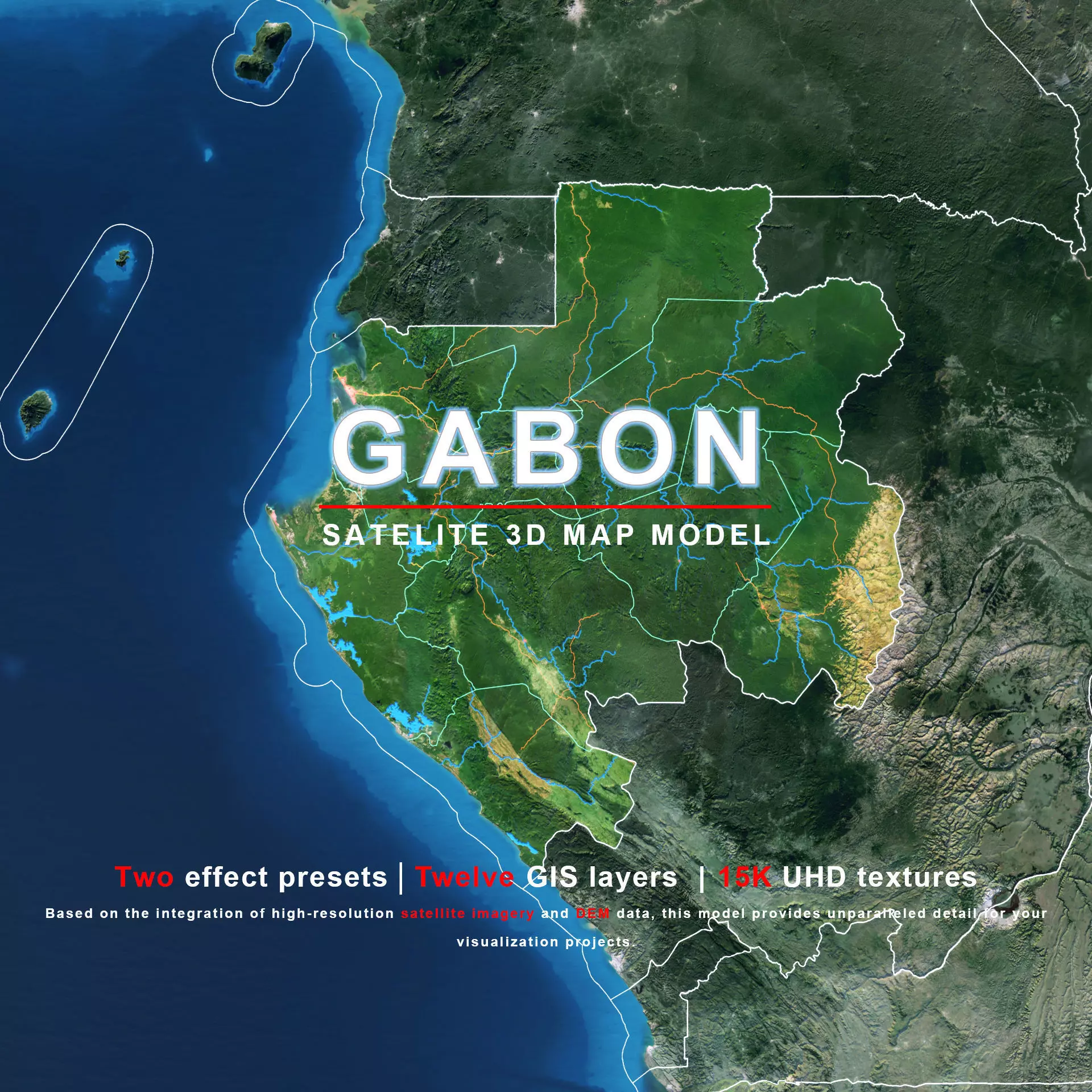 Gabon Map - 15K Realistic Satellite Terrain - Elevation 3D model