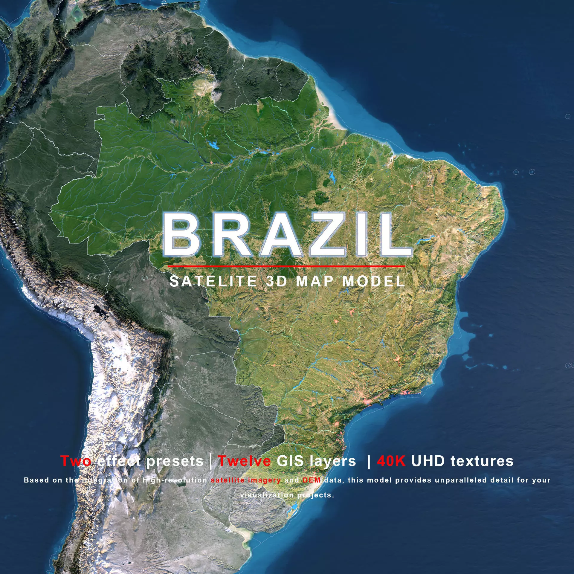 Brazil Map - 40K Realistic Satellite Terrain - Elevation 3D model