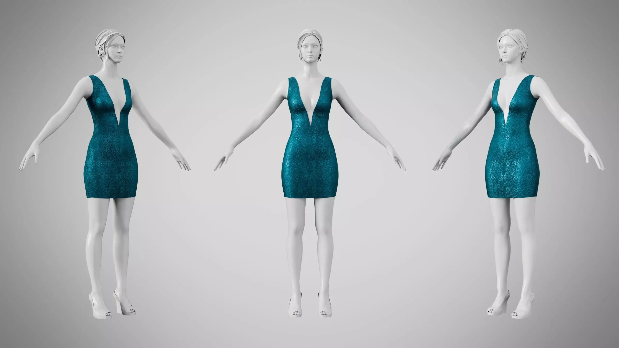 Dress 34 Teal Velvet With Design Low-poly 3D model