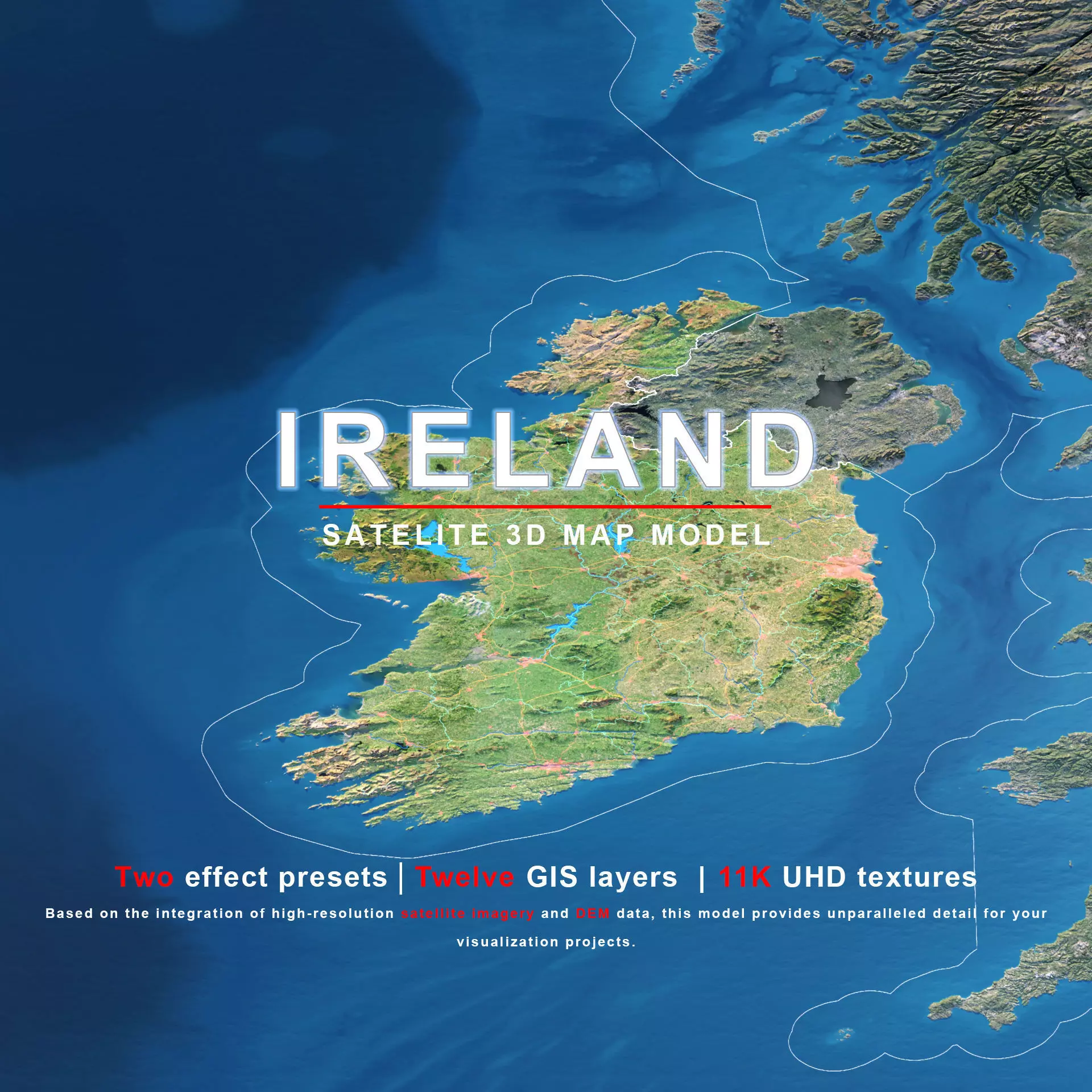 Ireland Map - 11K Realistic Satellite Terrain - Elevation 3D model