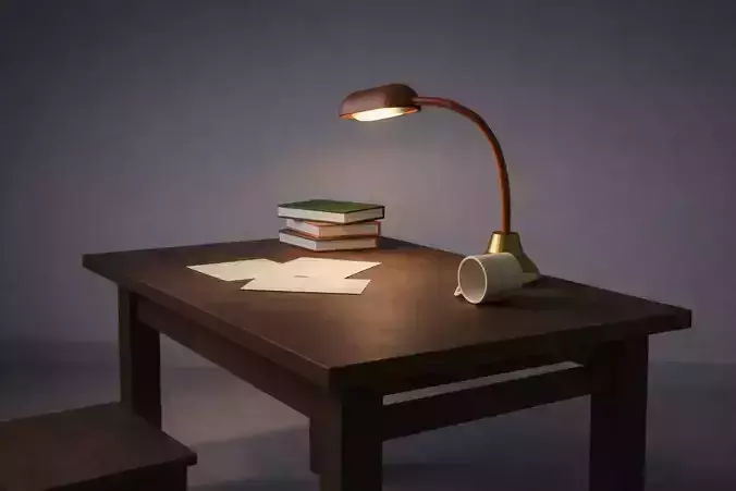  Wooden Desk with Lamp and Props