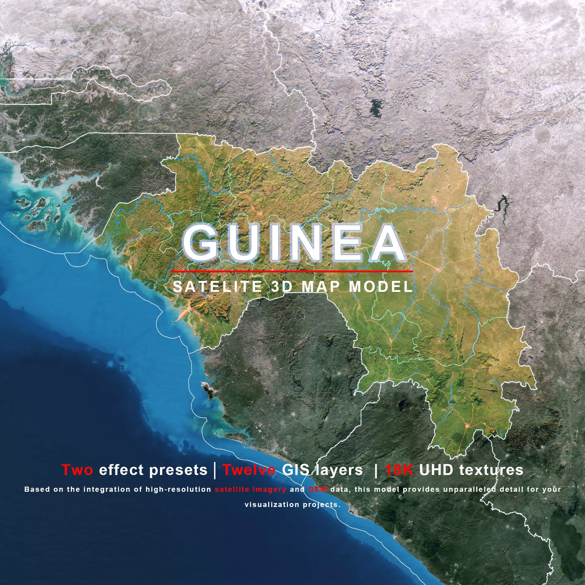 Guinea Map - 18K Realistic Satellite Terrain - Elevation 3D model