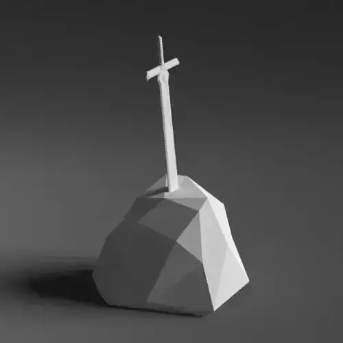 Excalibur Low-Poly cross on rock 3D print model