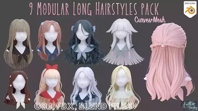 9 modular long hairstyle collection- blend obj fbx files pack Low-poly 3D model