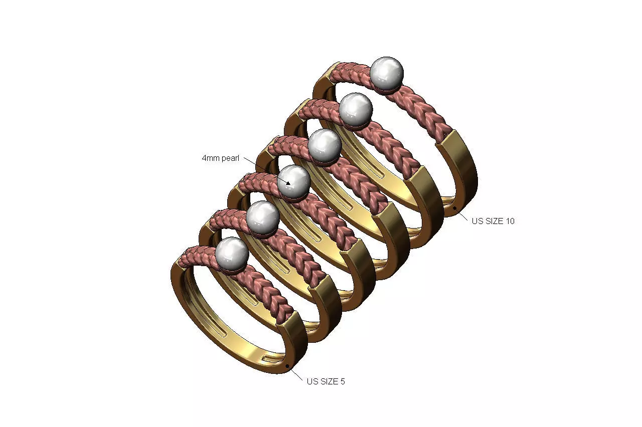 2 tone double rope 4mm pearl ring US sizes 5to10 3D print model
