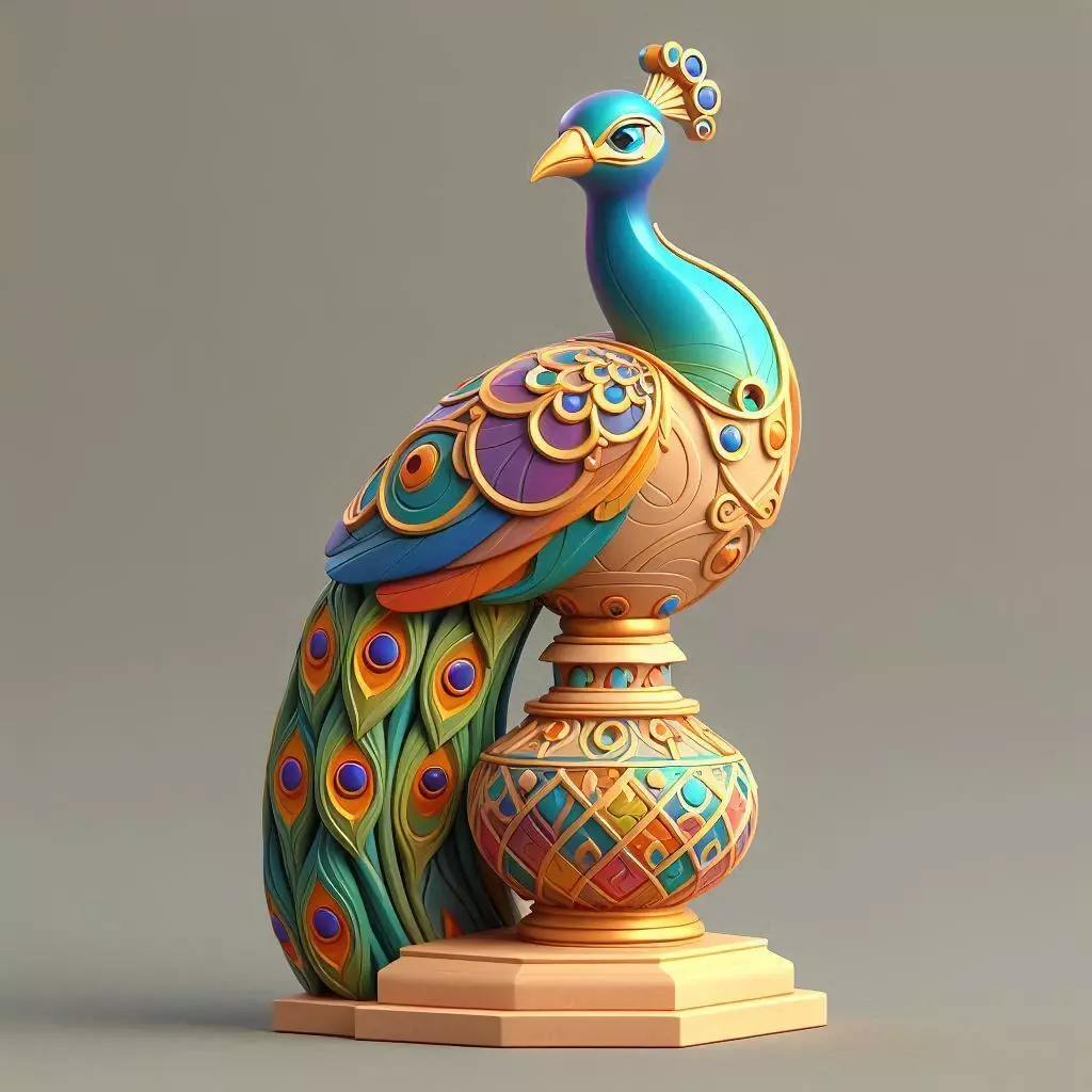 3357 Colorful 3D Model of a Peacock on Base totem STL 3D print model