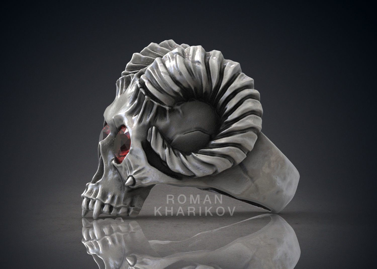 Horned Skull Ring with Gem 3dm Rhinoceros model  for 3d printing 3D print model_3