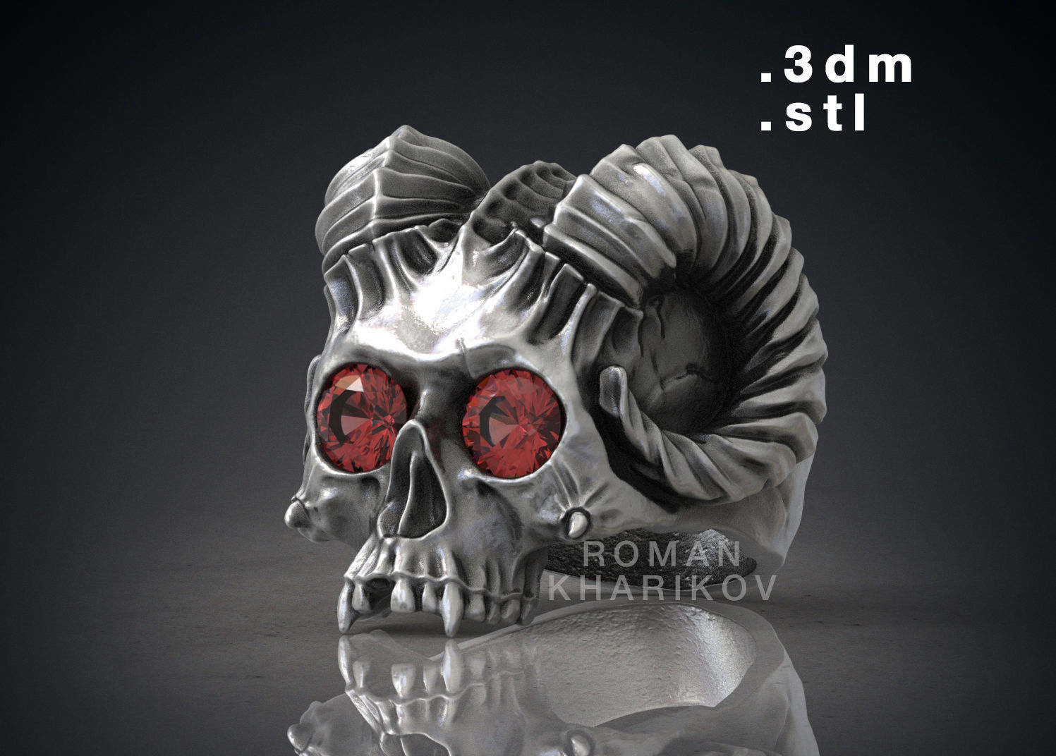 Horned Skull Ring with Gem 3dm Rhinoceros model  for 3d printing 3D print model_1
