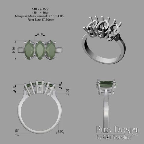 3 Stone Ring Marquise 3D print model