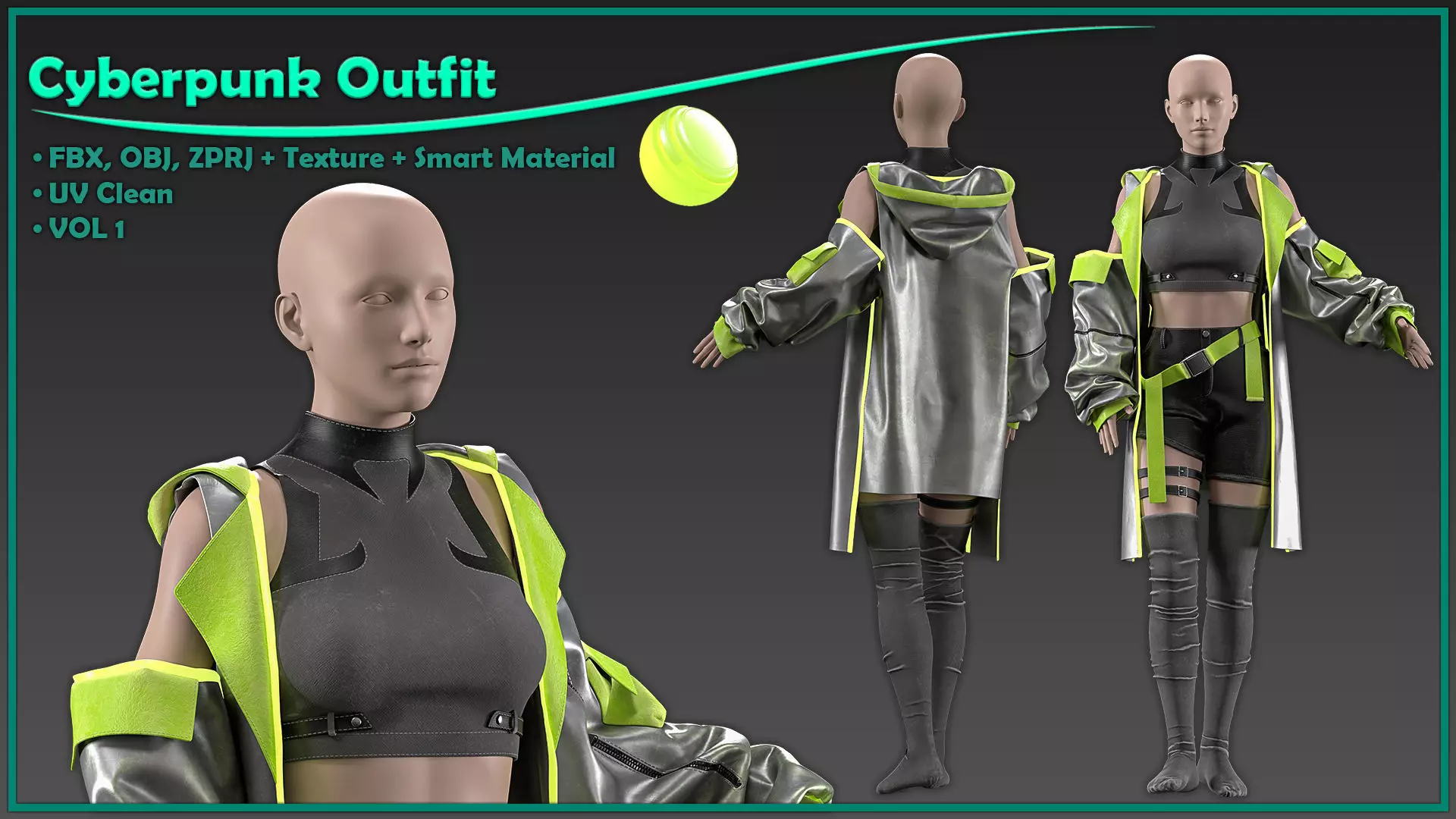 female cyberpunk outfit with texture and smart material 3D model