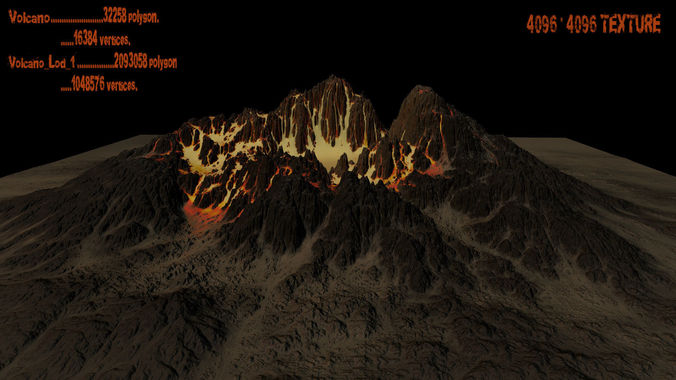 Volcano mountain with flames Low-poly 3D model