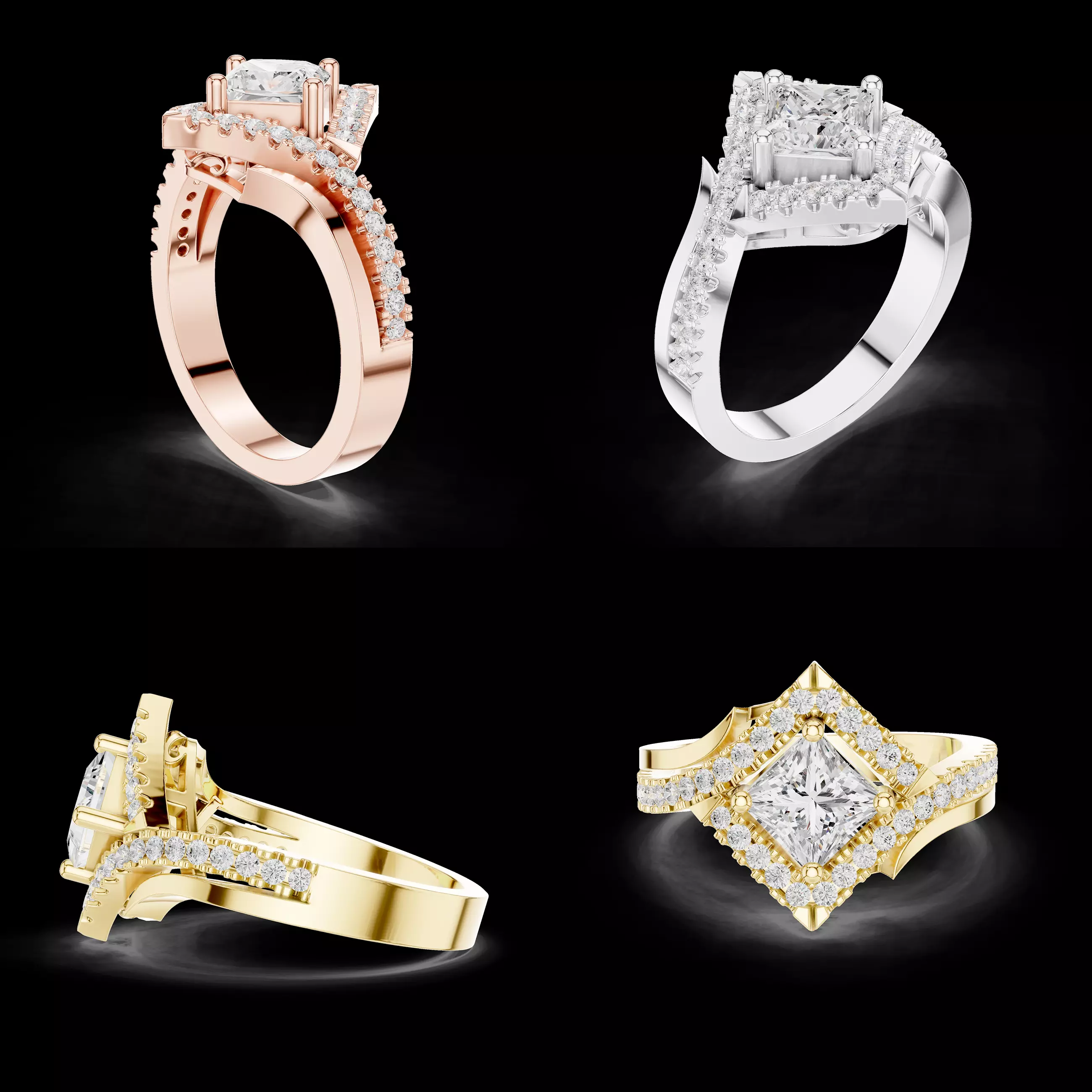 Princess Cut Halo Engagement Ring 3D Model for Jewelry STL File 3D print model