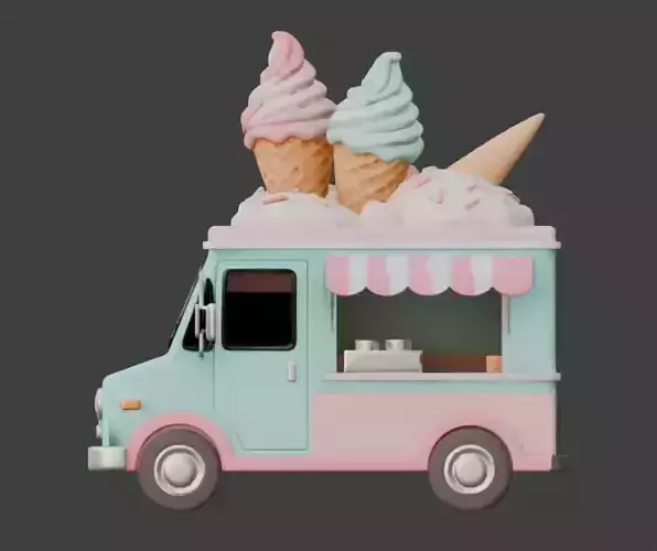 Stylized Summer Ice Cream Truck 3D Model Low-poly 3D model 3