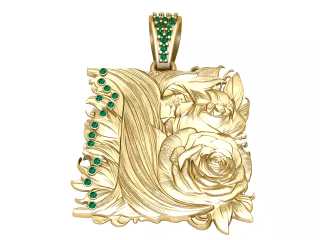 Floral Wave Rose Pendant with Emerald Accents 3D print model