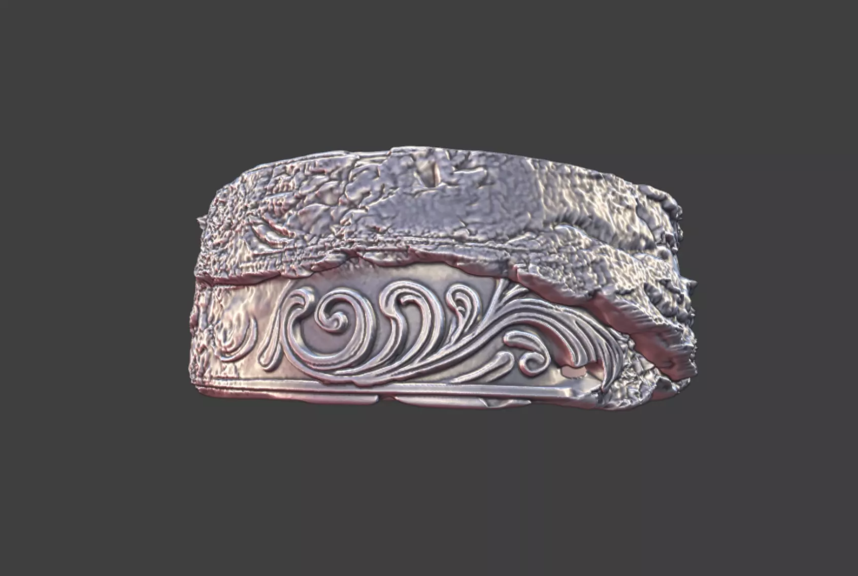Rough Stone Texture Band Ring With Ornate Scrollwork Jewelry 3D print model