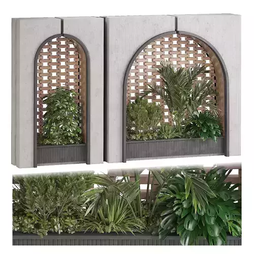 Modern Concrete Arch Fence Wall with Brick Lattice and Planter 3D model