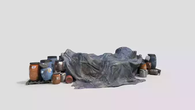 Old Industrial Barrels With Tarp 3D model