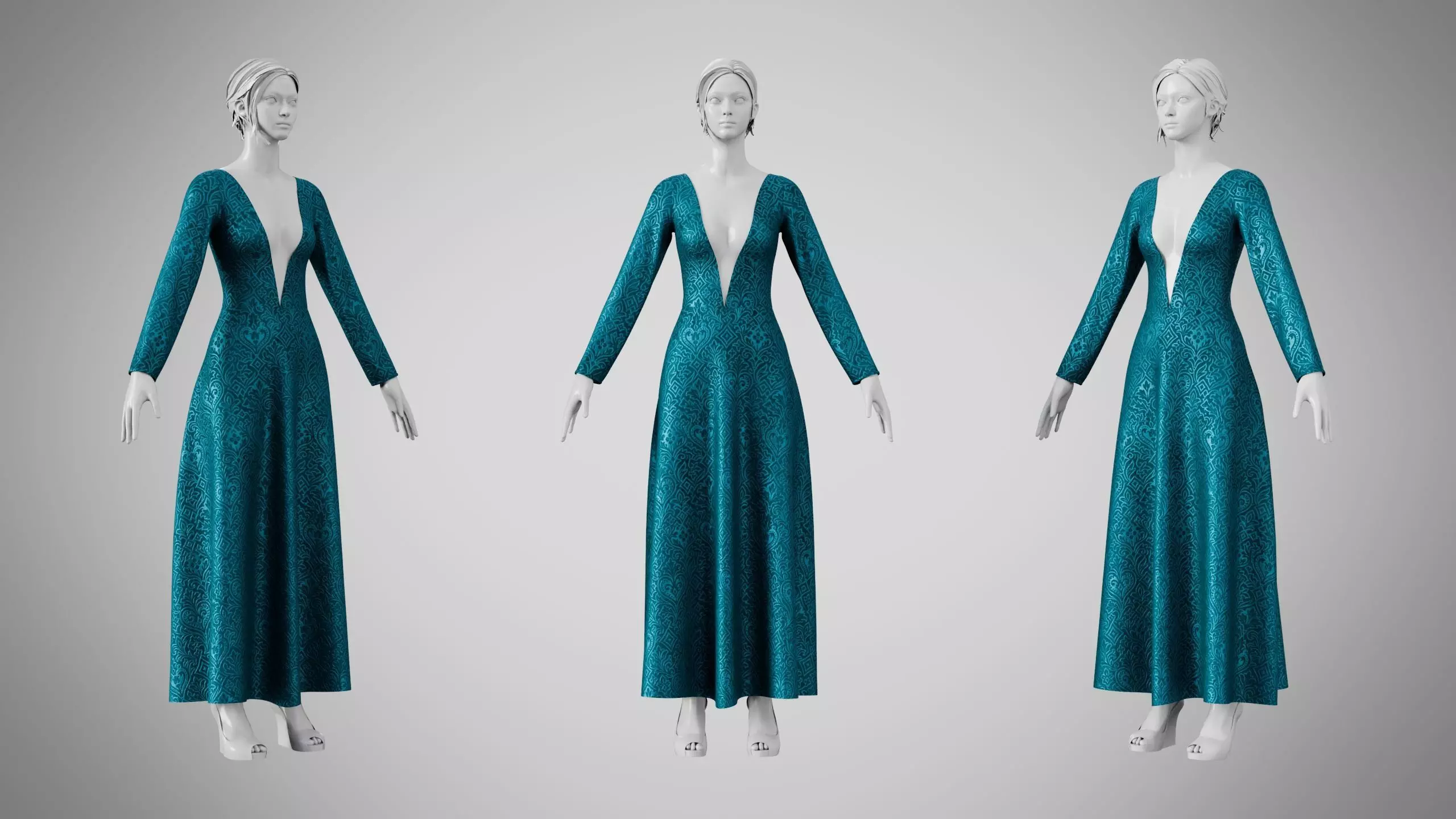 Dress 35 Teal Velvet With Design Low-poly 3D model