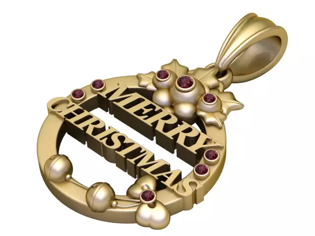 Merry Christmas Silver Pendant with Blue Gems 3D print model