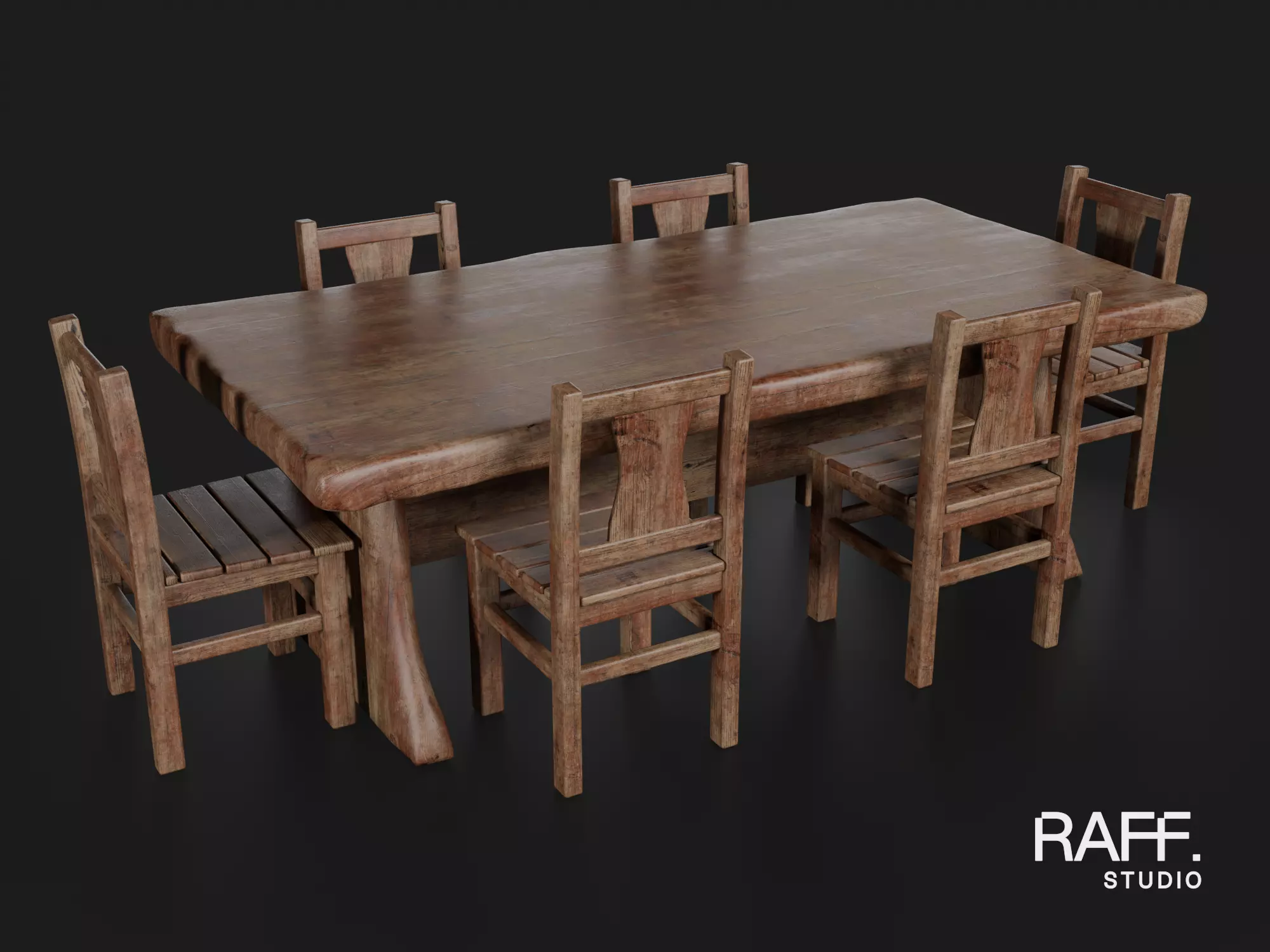Rustic Dining Table with 6 Chairs - Country Furniture Set 3D model