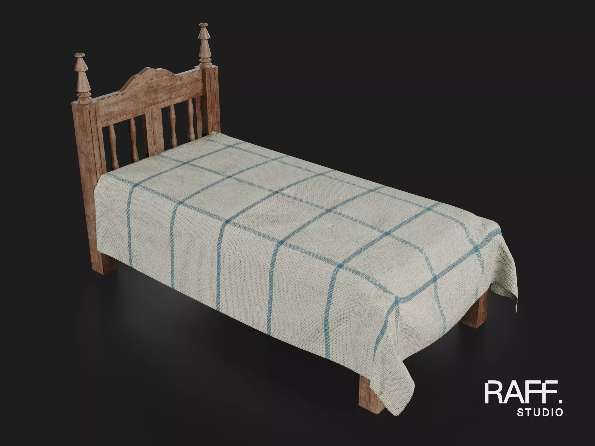 Rustic Single Bed - Country Wooden Bed 3D model